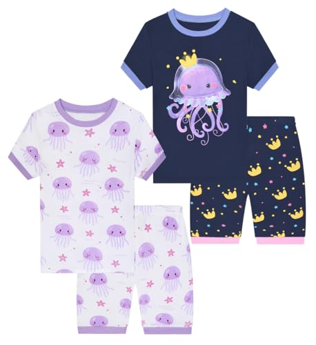 Benaive Girls Pajamas Sets 4 Pieces 100% Cotton Summer Pjs Short Sleeves Kids Sleepwear Size 10