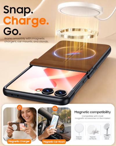 Image of Magnetic for Samsung Galaxy Z Flip 8 Case with Hinge Protection & Built-in Outer Screen Protector, Fit for Magsafe, Ultra-Thin PU Leather Matte PC Shockproof Cover for Galaxy Z Flip 8-Brown