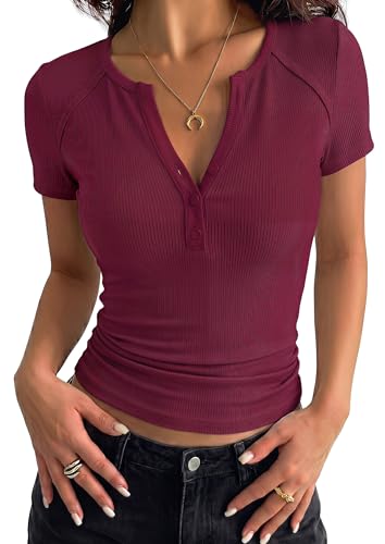 PRETTYGARDEN Womens Short Sleeve Henley Shirts 2026 Summer Trendy Ribbed Tops Fitted V Neck Button Up T Shirts Spring Blouses (Burgundy,XX-Large)