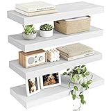 Fixwal 15.8in Floating Shelves, Rustic Wood Finish Wall Shelves Set of 4, Shelves for Wall Decor, with Invisible Brackets for Bathroom, Living Room,Bedroom and Kitchen(White)