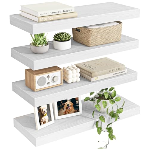 Fixwal 15.8in Floating Shelves, Rustic Wood Finish Wall Shelves Set of 4, Shelves for Wall Decor, with Invisible Brackets for Bathroom, Living Room,Bedroom and Kitchen(White)
