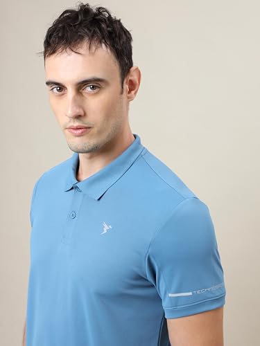 Image of TECHNOSPORT Men's Solid Slim Fit Polo Collar T-Shirt TECHNOCOOL+ Half Sleeve Button Polyester for Gym Running Workout UPF50+ Anti Odour