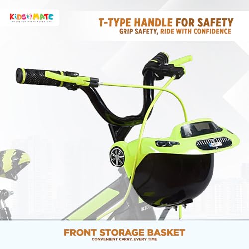 Image of Kidsmate Star Ride 20T Kids Bicycle with Training Wheels | Cycle for Kids Featuring Front Basket, Adjustable Seat & Strong Steel Frame | Perfect First Ride Kids Cycle for 7-10 Years - Neon Green