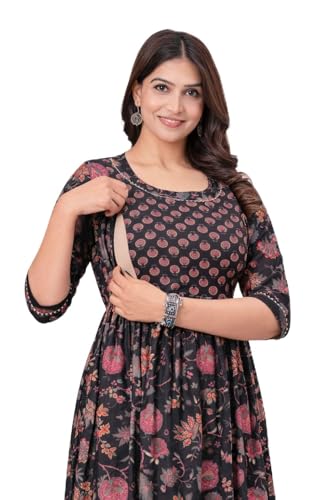 Image of The Moon Star Women's Cotton Floral Printed Anarkali Maternity Feeding Kurti | Breastfeeding Dress for Mothers | Zipper Feeding Kurti,Nursing Kurti, Comfortable and Trendy Maternity Wear