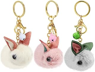 ICEBLUEOR Pom Pom Keychain, 3Pcs Cartoon Cute Faux Fur Bunny Bag Pendant Plush Rabbit Keyring Key Holder Car Hanging Ornament for Girls Kids Easter Gift