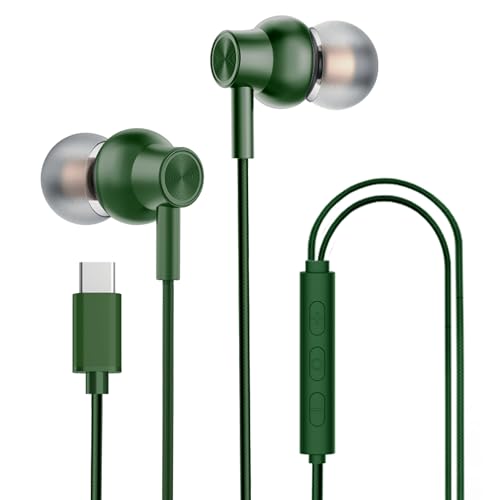 Kratos Tune V6 C Type Earphones Wired, 13mm Bass Drivers Earphone, Inline Control Type c Headphones with Mic, Comfort Fit Type c Earphone with Volume Control,Metallic C pin Earphones (Green)