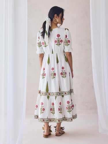 Image of FIORRA Women Fit & Flare Off-White Floral Printed Cotton Midi Dress