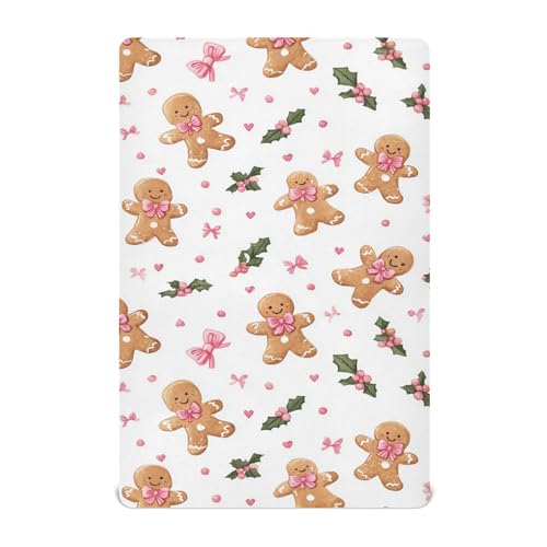Image of Caikeny Fitted Crib Sheet for Boys Girls Gingerbread Man Pattern with Pink Bows and Holly Leaves Baby Crib Sheets Bassinet Sheets Crib Mattress Bed Sheets for Toddler Newborn Infant 52 X 28 in