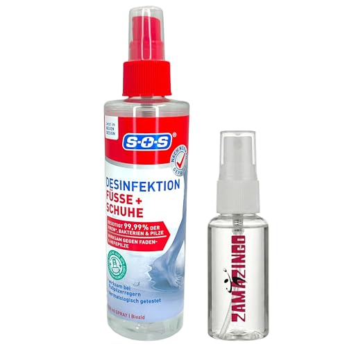 SOS Fuß-Desinfektion-Spray 250ml inkl. Sprühflasche in Reisegröße 30ml | Nach Normen Geprüft, wirksam bei Fußpilzerregern, Wirksam gegen Faden & Hefepilze, Beseitigt 99,99% der Bakterien