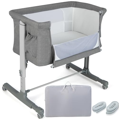Maxmass 3 In 1 Bedside Crib, Co-Sleeping Baby Cot with Safe Strap, Soft Mattress, Universal Wheels and Carry Bag, Portable Moving Bassinet for 0-5 Months (Grey)