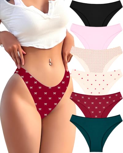 Image of FINETOO Cotton Underwear for Women Sexy Cheeky Bikini Panties Lingerie | 6 Pack,Low Rise Cheeky Soft Breathable Cotton Bikini Panties,Underwear Women,Plus Size Lingerie Outfits Clothes Clothing