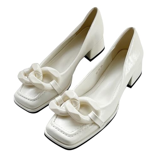 Women's Leather Square Closed Toe Block Heel Pumps with Chain Strap Fashion Soft Slip-On Non-Slip Casual Dress Pumps for Party Fashion Show Traveling