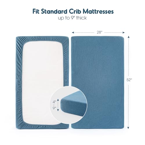 Image of GRSSDER 100% Cotton Muslin Crib Sheet 2 Pack - Breathable & Ultra-Soft Fitted Crib Sheets for Standard Baby & Toddler Mattresses, 52 inchx28 inch with 9 inch Deep Pocket, Snug Fit All-Around Elastic