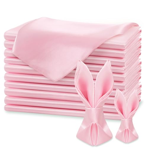 KKJIAF Light Pink Silky Satin Napkins (12 Pieces 17x17 Inches) Washable Polyester Square Table Napkins for Wedding Dinner Party Decoration