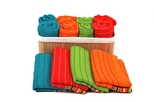 Kitchen Dish Towels Salsa Stripe - 100% Natural Absorbent Cotton Salsa Towels (28 X 16 Inches) Festive Red, Orange, Green And Blue, 12-Pack #TOP4
