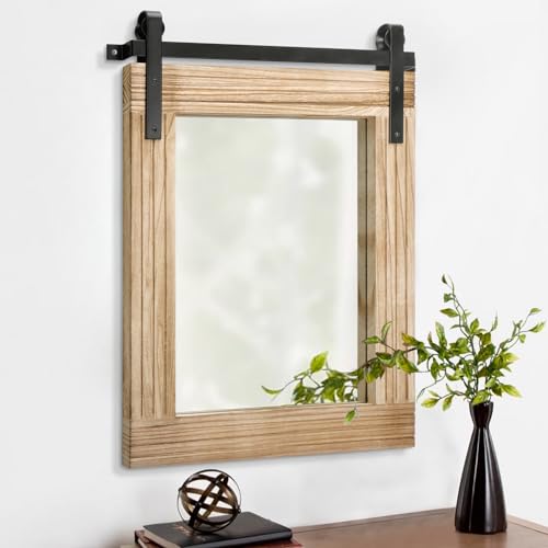 AAZZKANG Rustic Mirrors for Wall Rectangle Barn Door Mirror with Wooden Frame 30"x22" Farmhouse Bedroom Bathroom Mirror Vertical