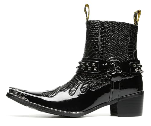 Santimon Men's Genuine Leather Western Chelsea Cowboy Boots | Mid-Top with Metallic Wingtip Toe & Snakeskin Buckle | Dress-to-Casual for Stage, Neon Nights2