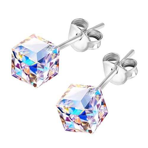AMOR SPES Iridescent Color Change Crystal Square S925 Sterling Silver Stud Earrings Women Girl Gifts (Iridescent)