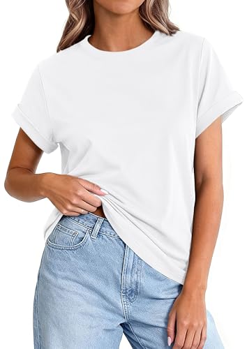 Image of PRETTYGARDEN Womens Summer Tops Short Sleeve Shirts | Lightweight Stretchy Knit,Rolled Sleeves,Crewneck Basic Tees,Loose Fit Daily T Shirt,Casual Work Travel Vacation Outfits