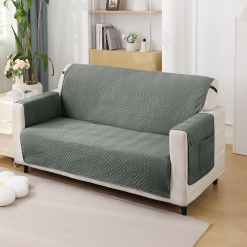 Image of HOKIPO Polyester 2 Seater Quilted Sofa Cover with Pockets, Dark Grey (In-802-Dgry)
