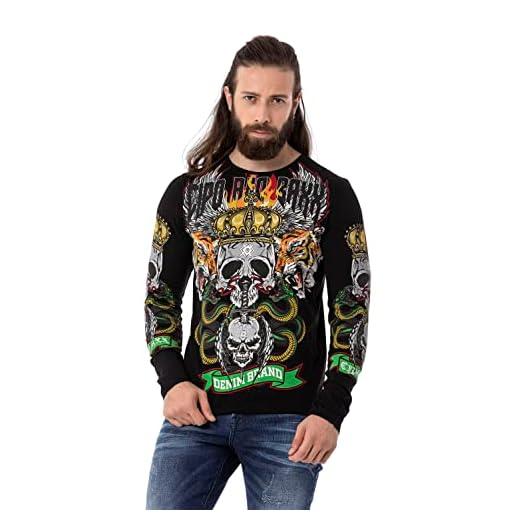 Cipo & Baxx Camiseta de manga larga para hombre con estampado de calavera, cuello redondo, CL514, Negro , L