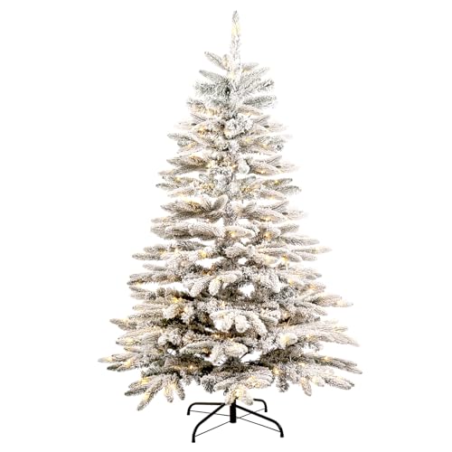 AORESAC 4.5FT Pre-Lit Christmas Tree, Flocked Christmas Tree with 423 Tips, 130 LED Lights, Sturdy Metal Base for Indoor Holiday Decor, Small Christmas Tree