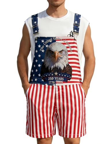 Bindefon Bibs Overalls Men Adjustable Straps Coveralls Shorts Printed Jumpsuit Male Romper(Stars and Stripes XL)
