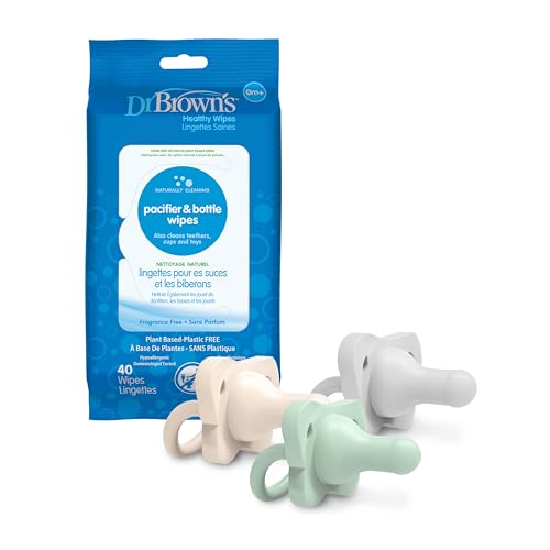 Image of Dr. Brown's HappyPaci 100% Silicone Pacifier 0-6m, BPA Free, Cool Gray, Green, Ecru, 3 Pack and Pacifier and Bottle Wipes, 40 Count