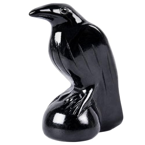 Ytbeoxk Black Obsidian Raven Figurine, 2 Inch Crystal Crow Statue for Home Office Desk Decor, Hand Carved Healing Reiki Animal Sculpture Gift for Witch Altar