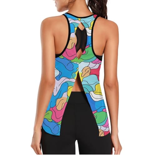 voucong Camiseta de malla con espalda abierta para mujer, holgada, ajustada, para gimnasio, correr, yoga, camisetas coloridas, Forma abstracta colorida, S
