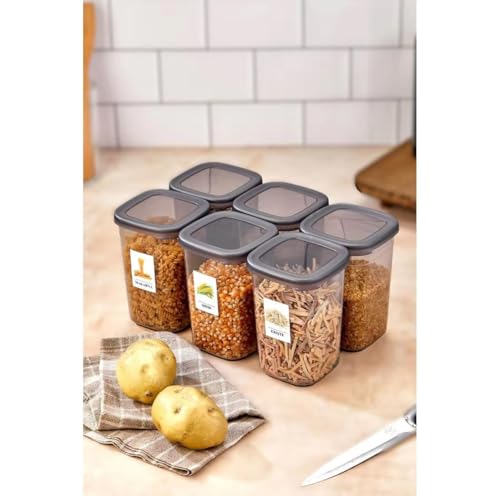 Image of ALCY Airtight Food Storage Containers Set, 6 Pieces, Grey Lids, Clear Canisters for Pasta, Rice, Coffee, Nuts