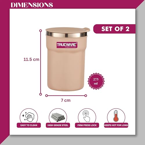 Image of Trueware ACE 275 ML Inner Steel Outer Plastic Insulated Coffee Cup /Mug /Tumbler Set of 2 for Hot and Cold Drinks, BPA-Free, Food Grade - Ideal for Car, Home, Office, Travelling (Pink)