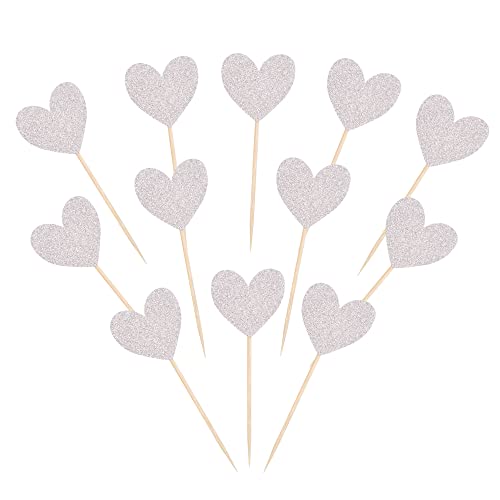 40 Pack Silver Heart Cupcake Toppers Glitter Love Heart Valentine Cake Picks Decorations For Valentine's Day Theme Wedding Engagement Bridal Shower Birthday Party Supplies #TOP13