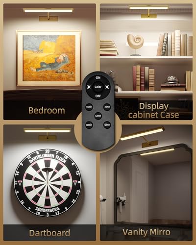 EZVALO Picture Light for Wall, 4800mAh Rechargeable Wireless Remote Lights, 16'' Dimmable Magnetic LED Art Painting Light with 3 Color Temps, Display for Gallery, Living Room, Bedroom, Hallway (Gold)