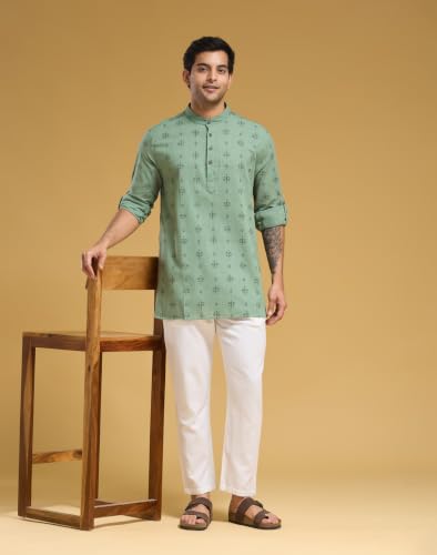 Image of Fabnu by Fabindia Men's Cotton Printed Relaxed Fit Straight Short Kurta