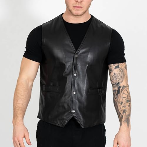 Image of BRICK LANE Men's Leather Vest | V-Neck Western Design Waistcoat with 4 Pockets - Lamb Nappa Leather Lightweight Jacket