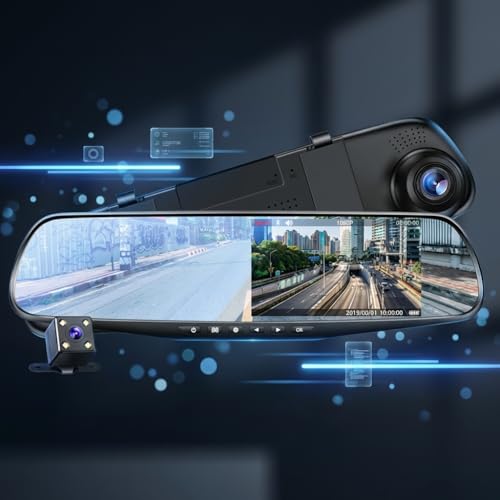 Image of 1080P Mirror Dash Cam for Car, Front and Rear Dual Lens | 4.3 inch LCD Touchscreen, Waterproof Rear Camera, G-Sensor, Loop Recording, Parking Monitor | Full HD Reverse Camera