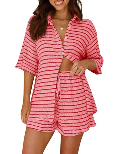 Image of Tankaneo Womens Striped 2 Piece Sets Short Sleeve Lounge Set | Button Down, Waffle Knit, Pajama Lounge Set, Summer Outfits
