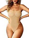 Kaei&Shi Mesh Bodysuit For Women,Spaghetti Strap Backless High Cut Sexy Body Suit,One Piece Sheer Top Rave Outfits Club Date,Beige,Large