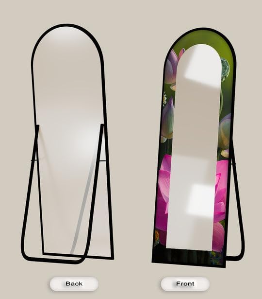 23,5’’W x 67’’H Sacred Bloom – Pink Lotus Botanical Floor Mirror Arched Full Lenght Mirror - Arch Full Body Stained Floor Mirror with Black Frame with Gold Frame