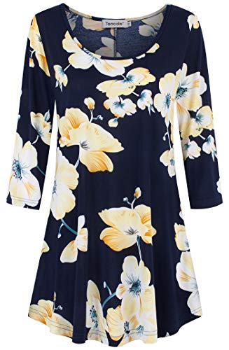 Tencole Blouses For Women Fashion 2023, 3/4 Sleeve Shirts For Women Dressy Tunic Tops Casual Wear With Floral Navy Yellow #TOP4