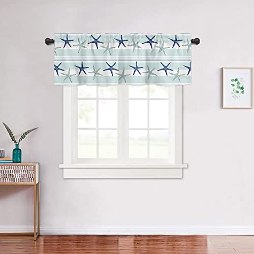 Summer Coastal Starfish Curtain Valances For Kitchen Windows Blue Nautical Beach Rod Pocket Valance Window Treatments 1 Panel Short Toppers Curtains 54X18 Inch For Bedroom Bathroom Living Room Decor #TOP2