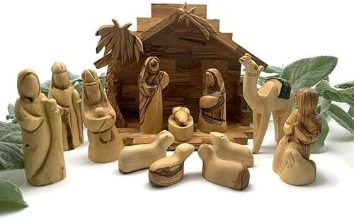 Nativity Sets for Christmas Indoor, Olive Wood Nativity Set, Holy Land Handmade Nativity Scene, Rustic Nativity Scene Set with 12 piece Holy Family Figurines, Christmas Nativity Gift Home Décor