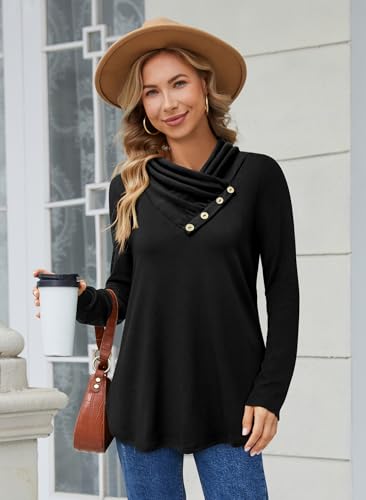 Image of Bulotus Womens Turtleneck Sweaters Ribbed Knit Split Cowl Neck Tunic Sweaters