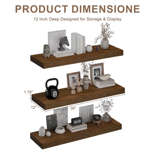 Image of 36-Inch Floating Shelves, Set of 3 Wall Mounted Storage Ledges, 12-Inch Deep Extra-Thick Solid Paulownia Wood Shelving for Kitchen, Living Room, Bedroom & Bathroom, Walnut Finish
