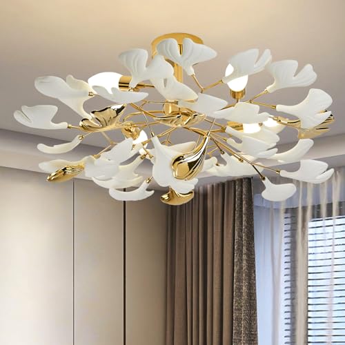 Image of Bedroom Chandelier Ceiling Light, Gold Ceramic Ginkgo Leaf Chandeliers Brass Semi Flush Mount Chandelier Light Fixture for Kitchen Living Room Dining Room, 24 inch Ceiling Light Fixture
