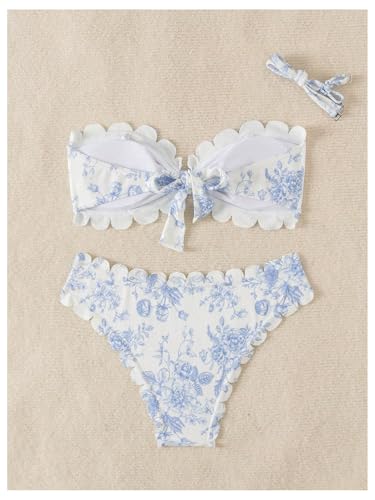 SHENHE Women's 2 Piece Bandeau Bikini Sets Floral Print Scalloped Boho Strapless Swimsuits2
