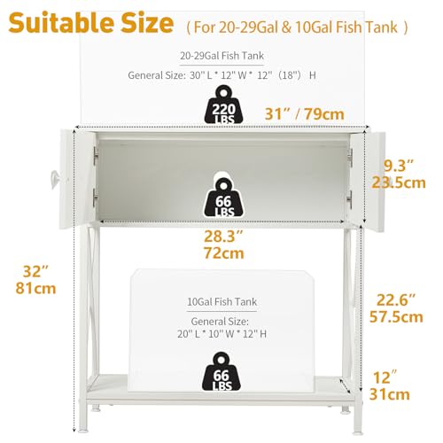 LAQUAL 20-29 Gallon Aquarium Stand with Cabinet, 20 Gallon Long Fish Tank Stand with 31\'\'L * 12\'\'W Tabletop, Double Heavy Metal Stand with Stable Structure, Adjustable Table Feet - White