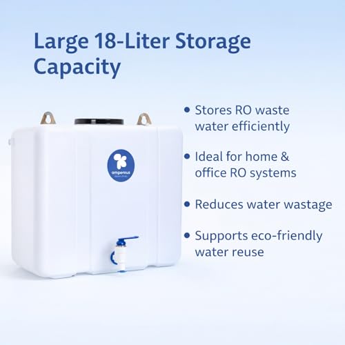 Image of AMPEREUS RO Waste Water Storage Tank for Home Filter | 18 Litre Water Storage Container with Tap | Wall-Mount HDPE Tank with Translucent Body | Easy Connection to All RO Purifiers, AC Units