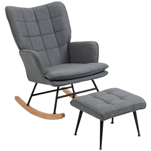 HOMCOM Fauteuil à Bascule avec Repose-Pieds, Rocking Chair en Tissu Aspect Lin, Assise Large, Dossier Haut, Coussin Inclus, Chaise à Bascule pour Salon, Chambre, Gris
